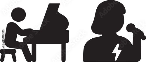 Pianist playing grand piano and singer with microphone at a music event