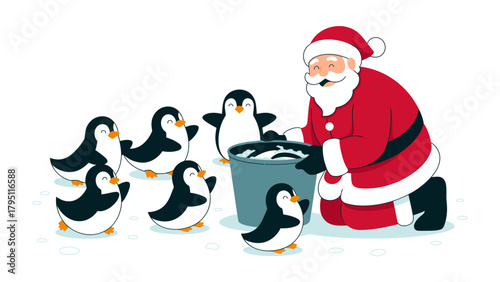 Festive Penguin Gathering: Santa Claus, a beacon of holiday cheer, surrounded by a group of delighted penguins, bringing the joy and magic of Christmas.