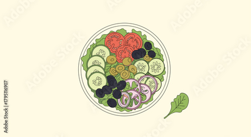 A vibrant and healthy salad featuring fresh tomatoes, crisp cucumbers, black olives, and red onion rings presented in a white bowl, offering a nutritious meal option.
