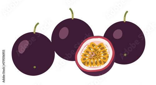 A vibrant illustration depicts four passion fruits, three whole and one cut open to reveal its textured, golden pulp and seeds, showcasing the tropical fruit's unique interior.