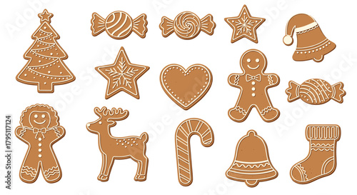 A delightful assortment of intricately decorated gingerbread cookies in festive holiday shapes, perfect for seasonal celebrations and baking themes.