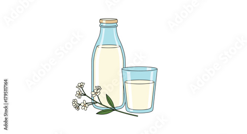 A refreshing illustration depicts a glass bottle and a short glass filled with creamy white liquid, accompanied by delicate elderflower blossoms, suggesting a homemade beverage.