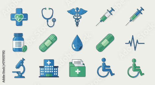 Set of Flat Design Healthcare and Medical Icons including Hospital, Stethoscope, Syringe, and Caduceus