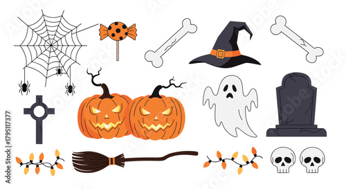 Festive halloween elements collection featuring pumpkins, ghosts, spiderwebs, and spooky treats for seasonal celebrations and decorations.