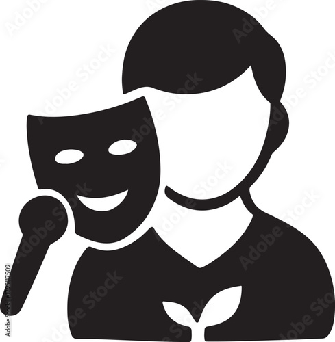 Individual holding happy theater mask and small plant, symbolizing growth