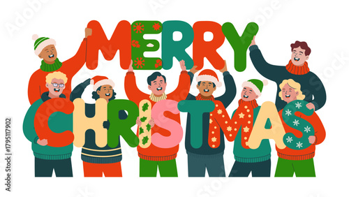 Foto Festive Unity: A diverse group joyfully holds aloft the vibrant letters spelling MERRY CHRISTMAS, embodying the spirit of togetherness and celebration