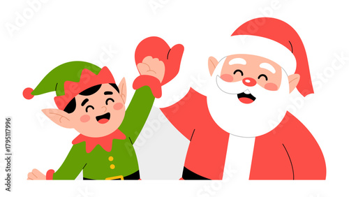 Christmas Friendship: Santa and his elf share a high-five, showcasing the joyous bond and festive spirit of the holiday season.