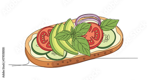 A vibrant slice of open-faced toast topped with fresh avocado, tomato, cucumber, red onion, and basil, creating a healthy and colorful breakfast or lunch option.