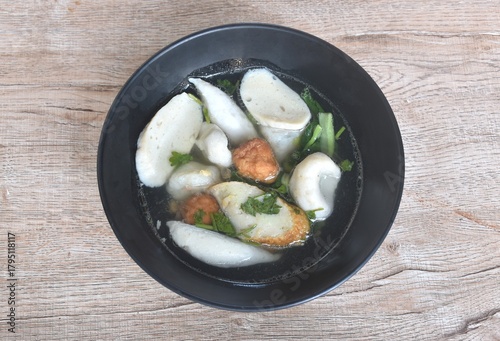 boiled fish and shrimp  meatball with cabbage in clear soup on bowl  