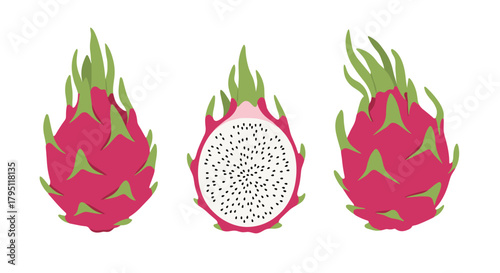Illustrative depiction of dragon fruit in various views, showcasing its vibrant pink exterior and speckled white flesh, a tropical delight.