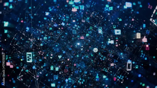 Flying Through Network of Colorful Icons, Connections and Nodes Illustrating Social Media Content and Complex Algorithms. AI Neural Network, Chatbot, Artificial Intelligence, and LLM Visualization