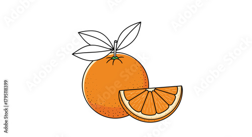 A vibrant illustration depicts a whole orange alongside a sliced orange half, showcasing its juicy segments and fresh green leaves, perfect for health and nutrition concepts.