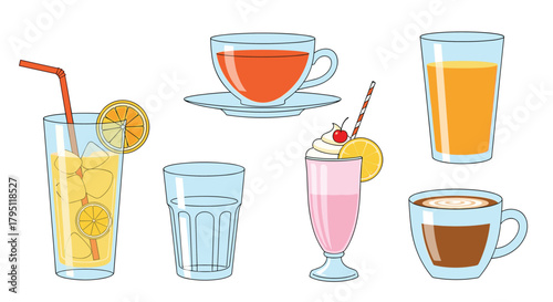 A colorful collection of various beverages including tea, juice, water, milkshake, and coffee, presented in different glasses and mugs.