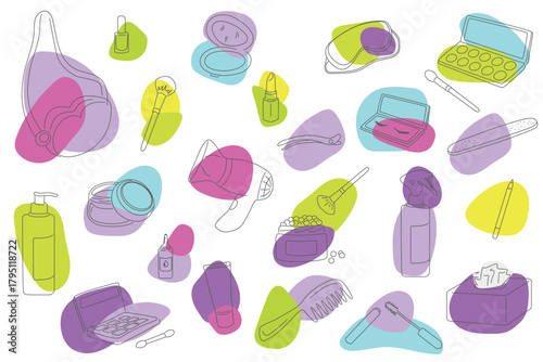 Bright Neon Makeup and Beauty Accessories Line Art Set with Playful Modern Colors for Fashion and Cosmetics Branding