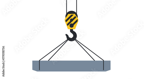 Industrial lifting hook with grey concrete block suspended by cables