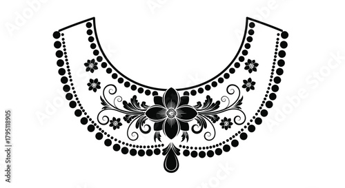 Elegant black and white floral necklace design with intricate detailing