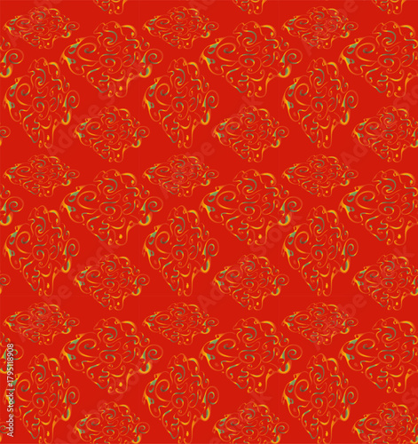 Green and yellow gradient elements on a red background make up a seamless pattern.