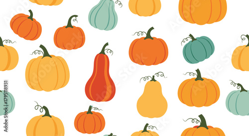A cheerful autumn pattern featuring a variety of colorful pumpkins and gourds scattered across a clean white background, perfect for fall designs.