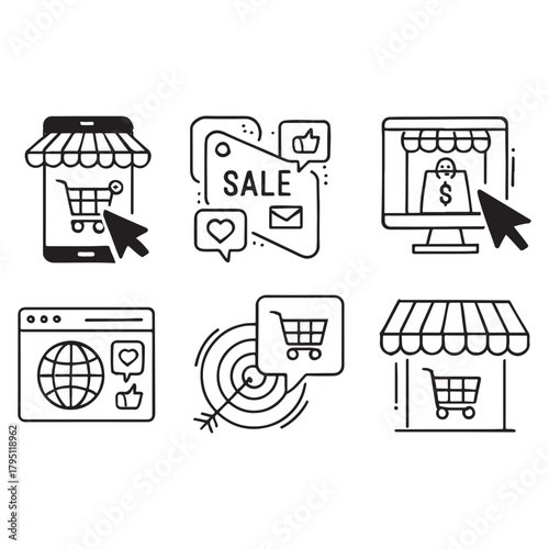 Vector illustrations of online shopping, ecommerce, sale, social media, internet marketing, online store, for graphic and web design
