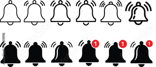 Notification bell icon set vector illustration. set of bells, bells line art vector illustration. Notification bell icon set, alert icon for incoming inbox message, ringing bell and notification.