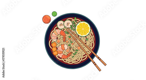 A vibrant top-down illustration of a noodle bowl filled with shrimp, vegetables, and a citrus slice, complete with chopsticks, offering a delicious and inviting meal presentation.
