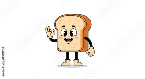 A cheerful slice of toasted bread with arms and legs gives an okay hand gesture, showcasing a friendly and positive cartoon character design.