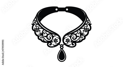 Elegant black choker necklace with floral details and a single pendant drop