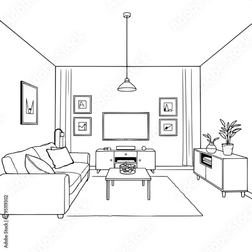 “A stylized black-ink line depiction of a contemporary living room. Tight frontal perspective. Prominent sofa on the left, centered TV with twin pendant lights, framed pictures arranged symmetrically,