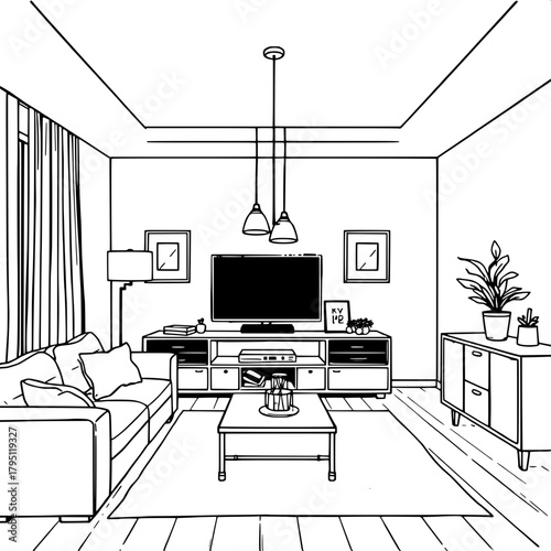 “A stylized black-ink line depiction of a contemporary living room. Tight frontal perspective. Prominent sofa on the left, centered TV with twin pendant lights, framed pictures arranged symmetrically,