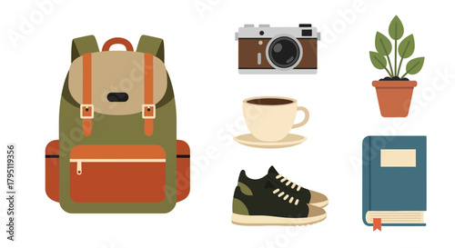 A collection of travel and leisure items backpack camera plant and more