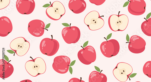 Seamless pattern of vibrant red apples and apple halves with green leaves on a soft pink background, perfect for cheerful designs and springtime themes.