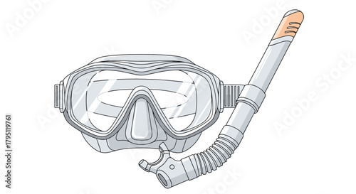 A detailed illustration of a snorkeling mask and snorkel set, perfect for underwater exploration and recreational activities in the ocean or pool.