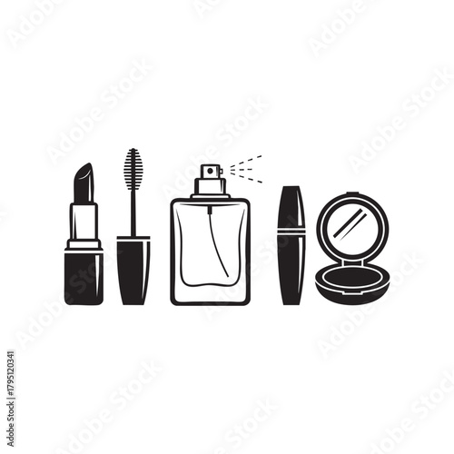 Collection of makeup items including lipstick, mascara, perfume, and powder, representing beauty and cosmetics