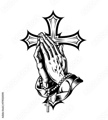 A striking black and white vector illustration of praying hands holding a rosary against an ornate Christian cross, symbolizing faith and devotion