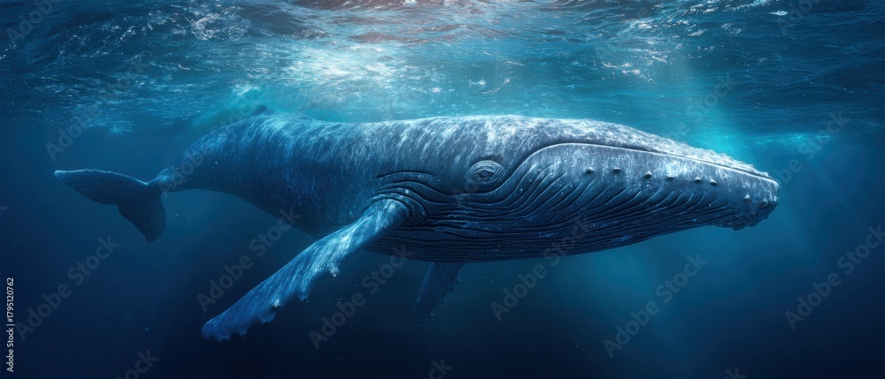 Naklejka premium Majestic whale swimming in deep blue ocean