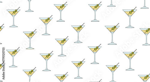 Seamless pattern featuring classic martini cocktails in elegant glasses garnished with green olives, perfect for backgrounds and design elements.