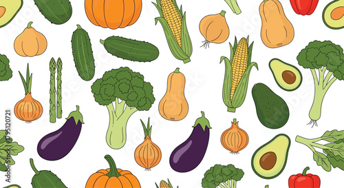 A vibrant and colorful seamless pattern featuring a variety of fresh vegetables including broccoli, avocados, pumpkins, corn, and eggplant, perfect for backgrounds.
