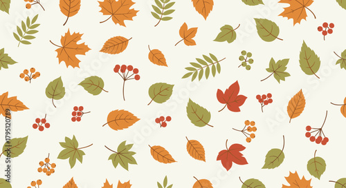 A charming autumn pattern featuring colorful falling leaves and delicate berry branches against a soft cream background, evoking seasonal warmth and natural beauty.