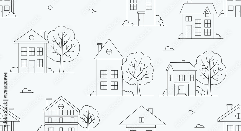 Fototapeta premium Charming neighborhood illustration featuring simple line-drawn houses, trees, and clouds in a repeating pattern, creating a peaceful suburban scene.