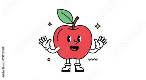 A cheerful cartoon apple character with arms outstretched and a happy expression, radiating positivity and health, is presented on a white background.