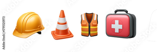 A collection of construction and safety equipment on  a isolated on transparent background