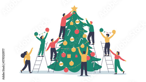 Photography Festive Teamwork: Illustration of individuals collaborating to decorate a large Christmas tree, symbolizing the spirit of togetherness and holiday preparation