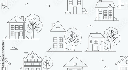 Charming neighborhood illustration featuring simple line-drawn houses, trees, and clouds in a repeating pattern, creating a peaceful suburban scene.