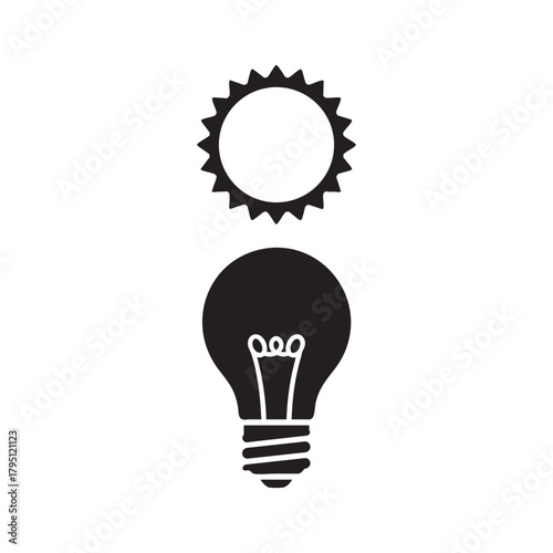 Black silhouette of a light bulb with a sun symbol above it