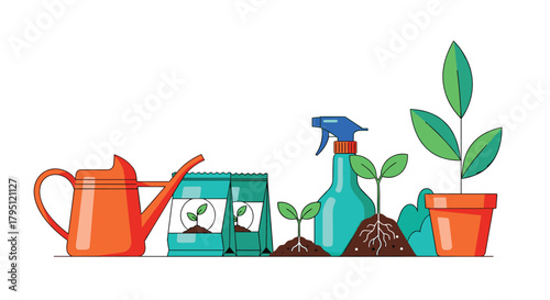 Gardening tools and supplies arranged for planting, including a watering can, seed packets, spray bottle, seedlings, and a potted plant, illustrating the process of growth.