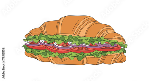 A delicious croissant sandwich filled with fresh tomatoes, crisp lettuce, and vibrant red onion, offering a delightful and satisfying meal option.