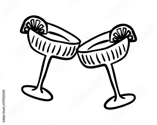 Elegant line art illustration of two cocktail coupe glasses with citrus slices clinking together, stylish festive celebration drink design for party and holiday projects, vector illustration