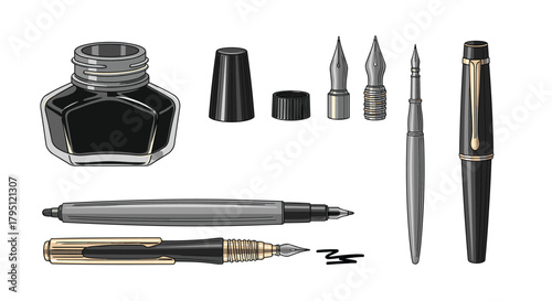 A collection of vintage and modern writing instruments including inkwell, nibs, fountain pens, and calligraphy tools, displayed on a white background.