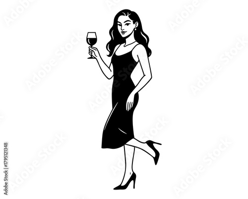 Elegant line art illustration of a stylish woman in a long evening dress holding a wine glass, modern minimal fashion character design for celebration and party projects, vector illustration