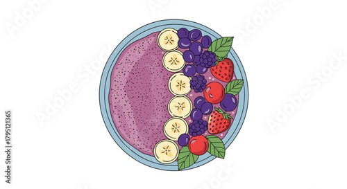 A vibrant and colorful smoothie bowl topped with fresh sliced bananas, blueberries, strawberries, and blackberries, presented in a light blue bowl.